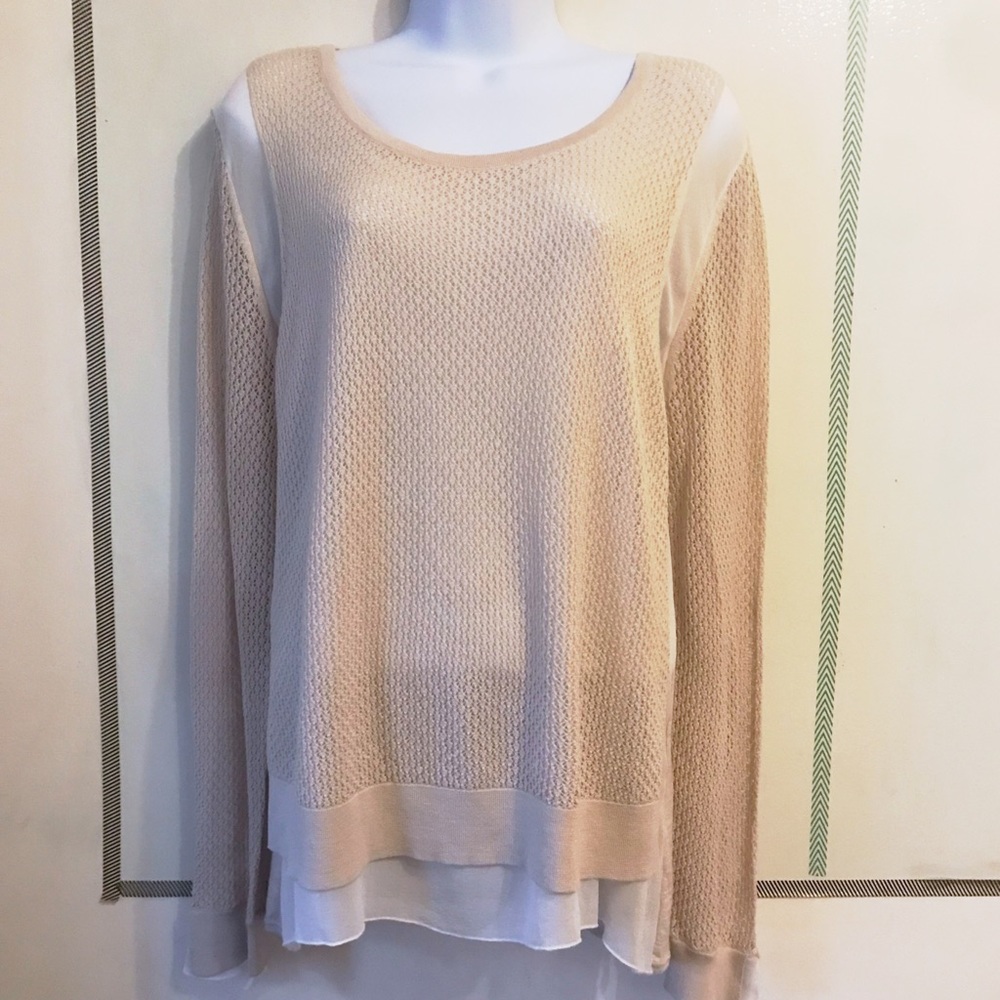 Silk Cotton Cream Pink Open Knit Layered Top XL Boho Lightweight